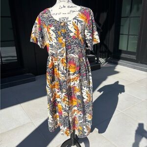 Vintage Graffiti Cotton Button Front MIDI Dress- 80’s/90’s Abstract Print